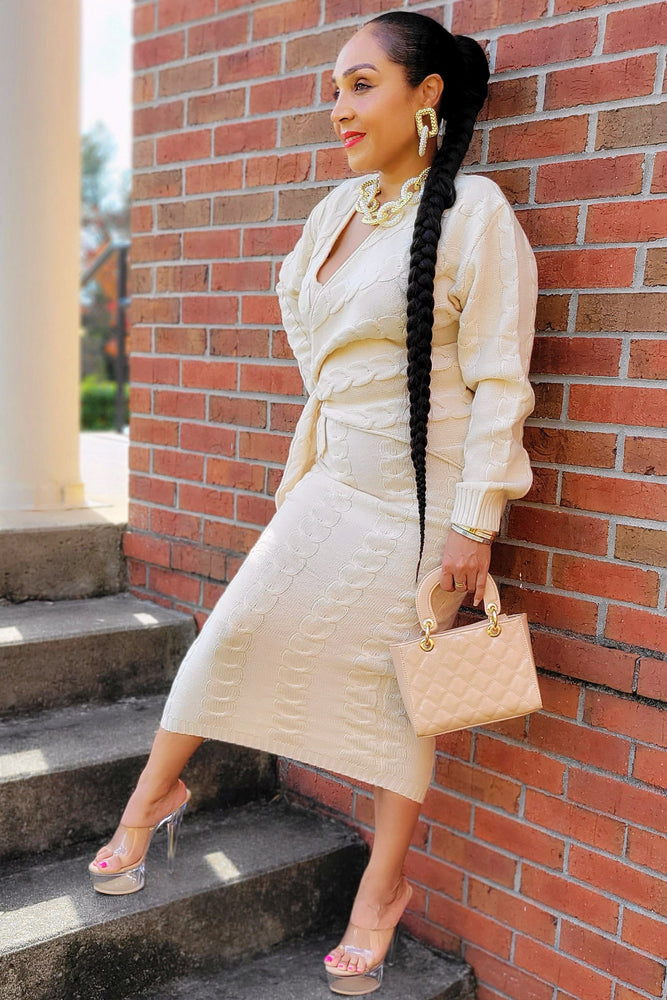 101823 Cream Knitted V Wrapped Midi Dress