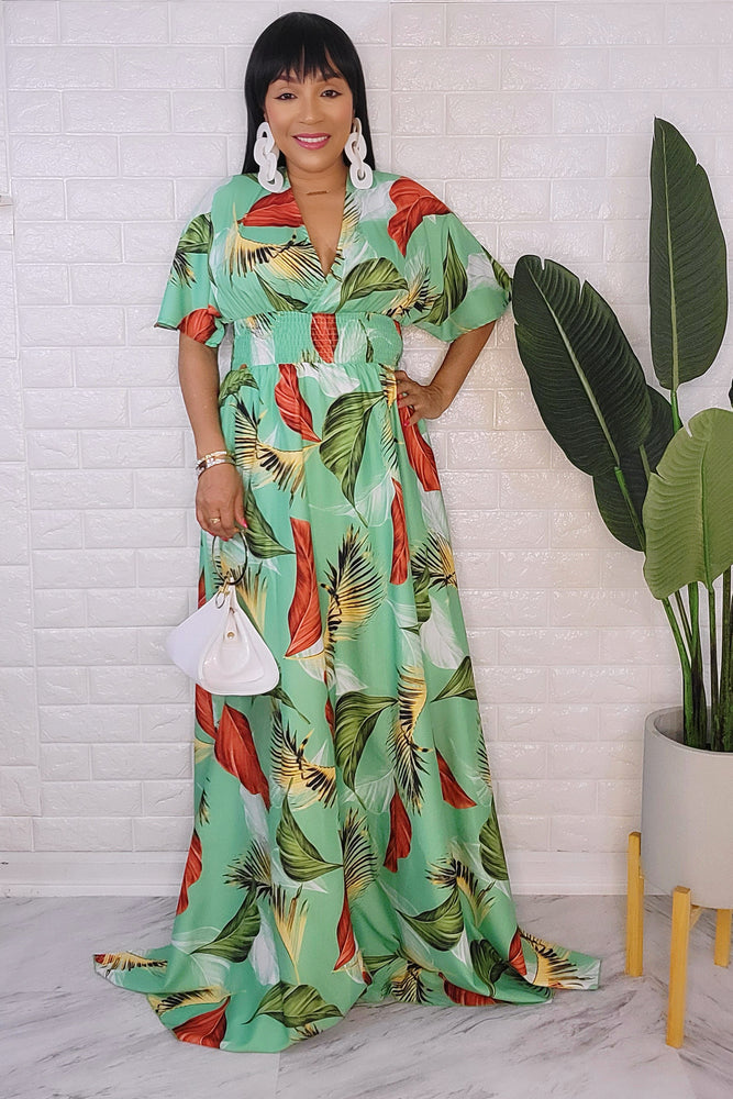 090223 Green Multi Short sleeve floral maxi dress