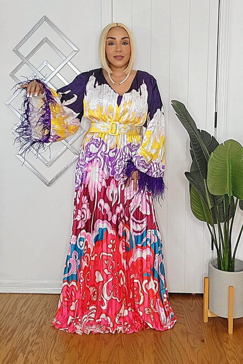 010925 Purple Print Feathers Long Sleeve Maxi Dress