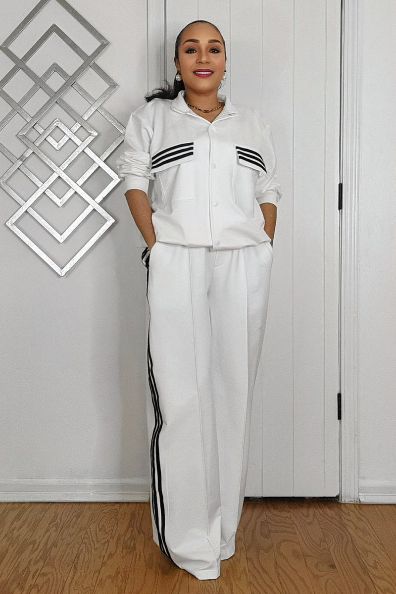 081424 The Classic  White Jogger Set with Side black Stripes