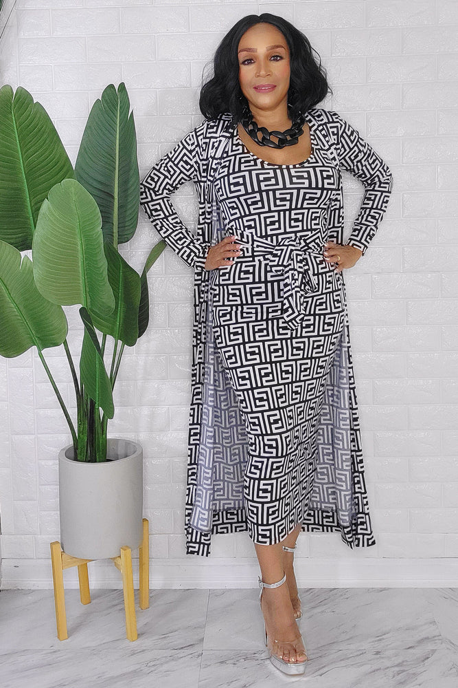 092823 The White and Black Print 2 Pieces Cardigan Midi Dress set