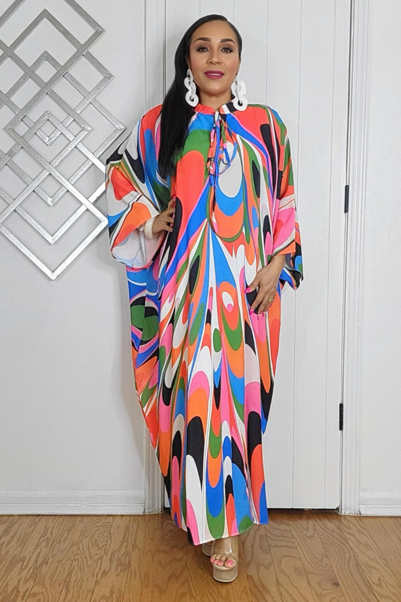 030725 The Colorful Feathers Print Caftan Dress One Size Fit All