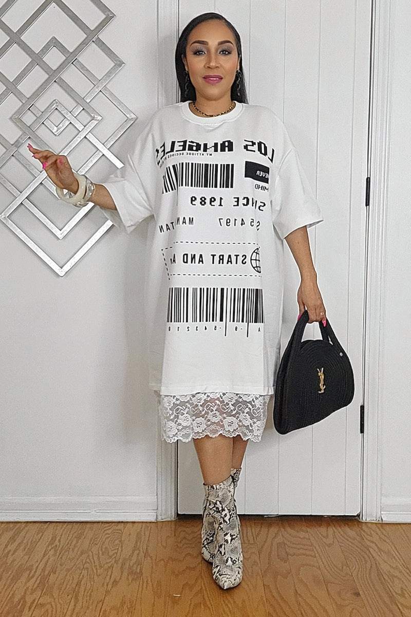 030825 The Barcode Print T-shirt Lace Dress- White