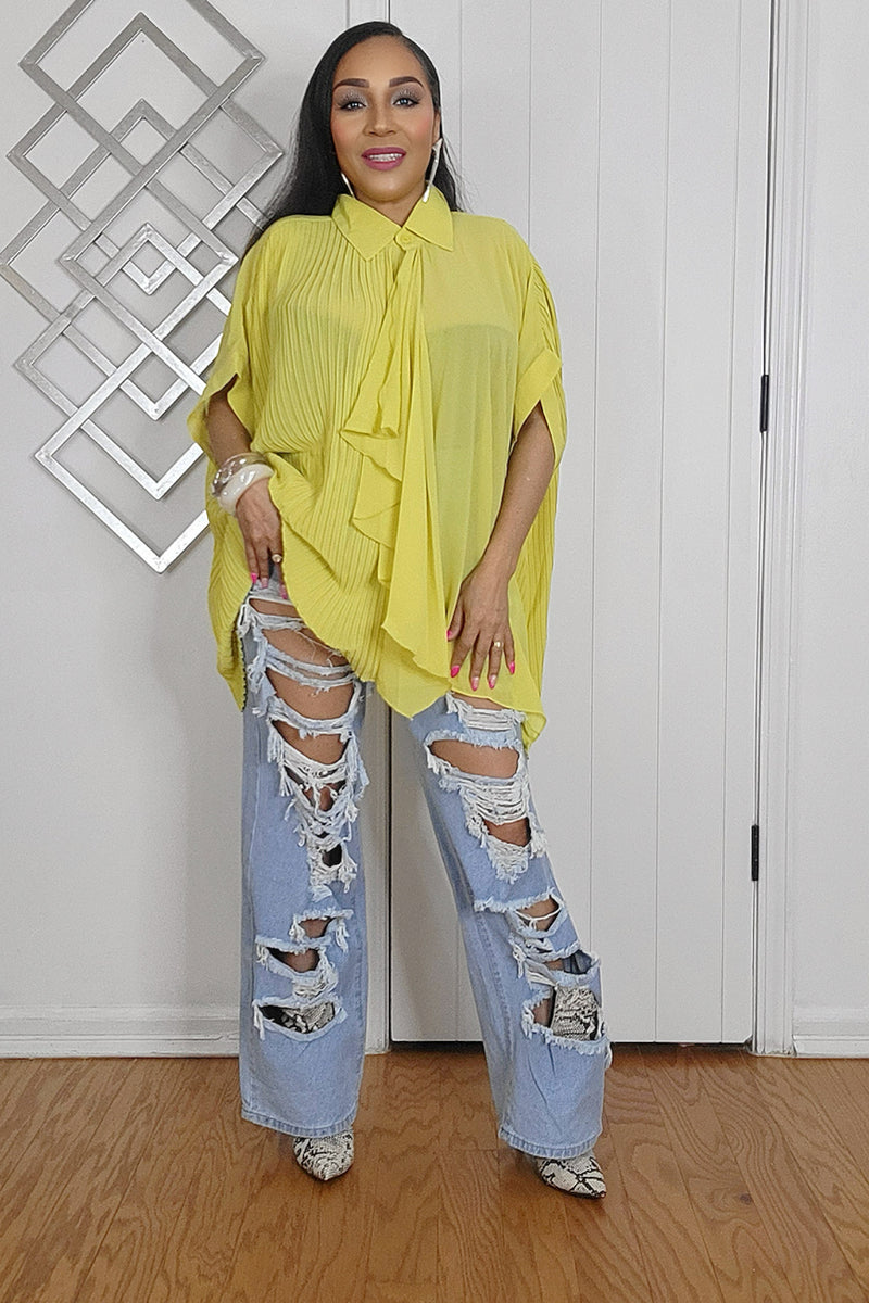 020525 Mustard Oversized Pleated Sheer Tunic Blouse