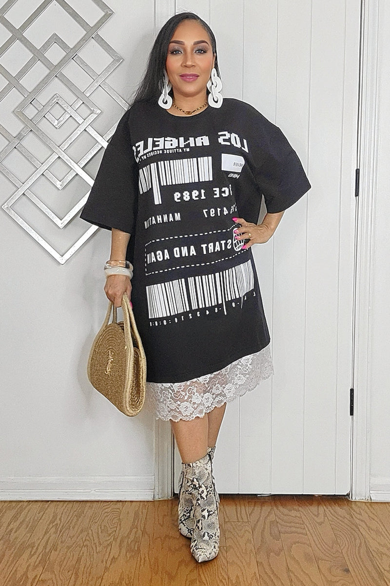 030825 The Barcode Print T-shirt Lace Dress Black