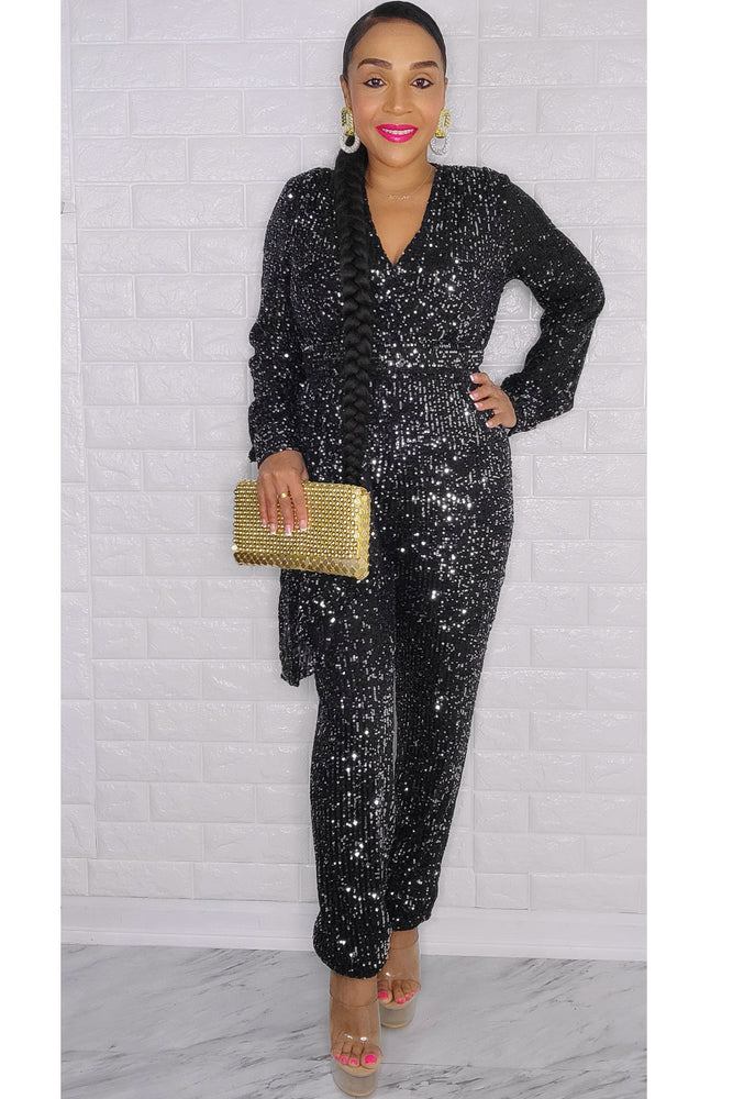 121224  AfterDark Black Side Ruffle Sequins Jumpsuit