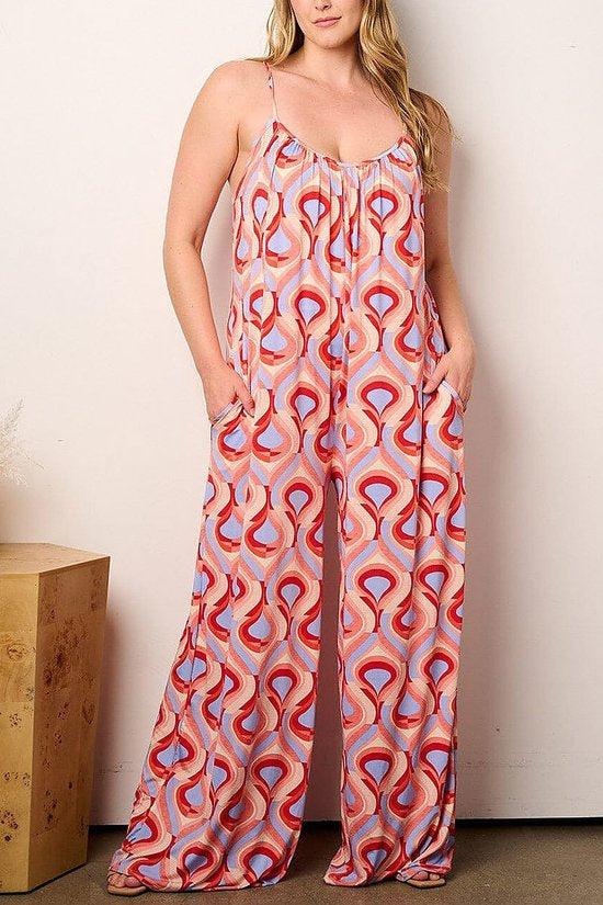 050224 The Orange Red Multi Blue Print Wide Leg Jumpsuit