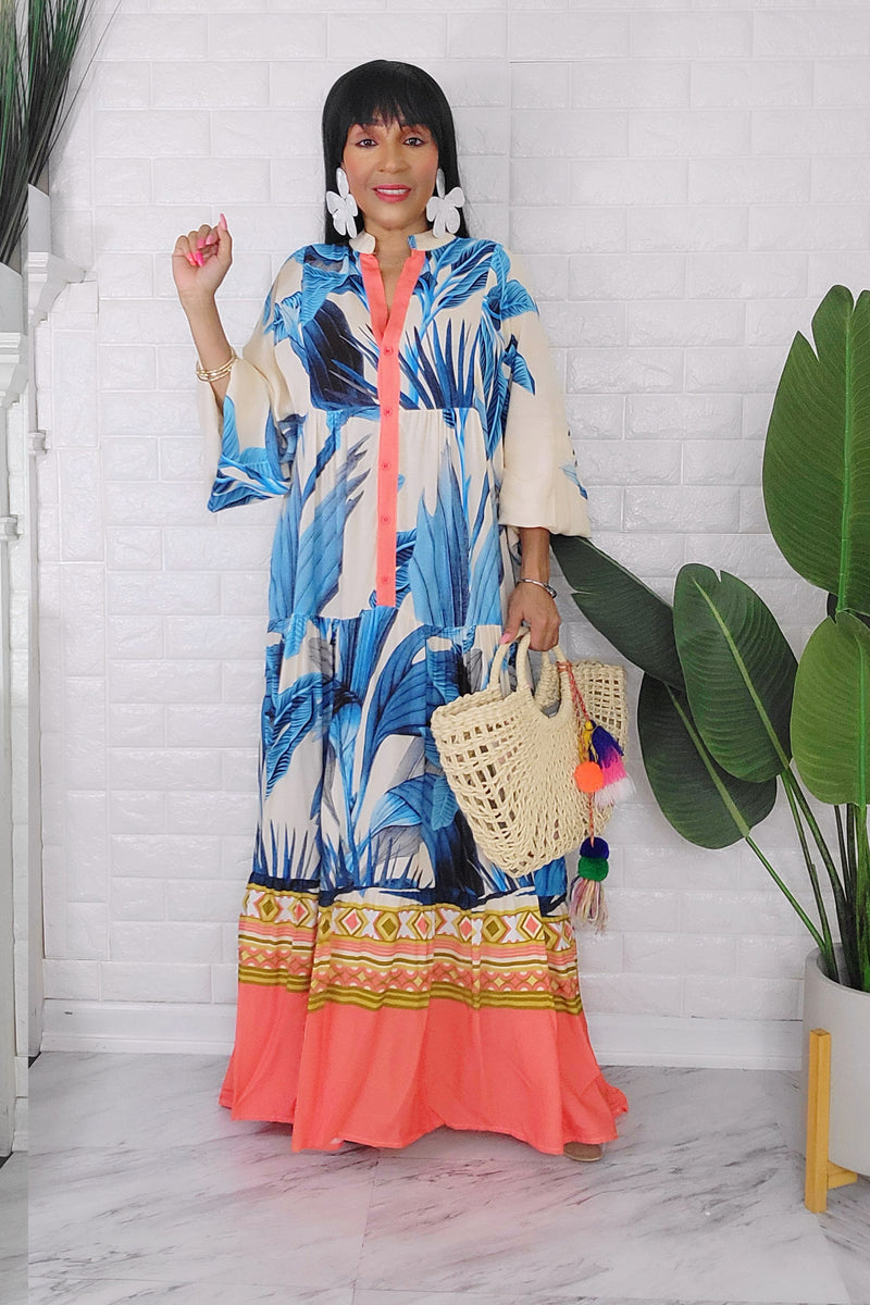 060624 The cream and Blue Florals Bohemian Maxi Dress