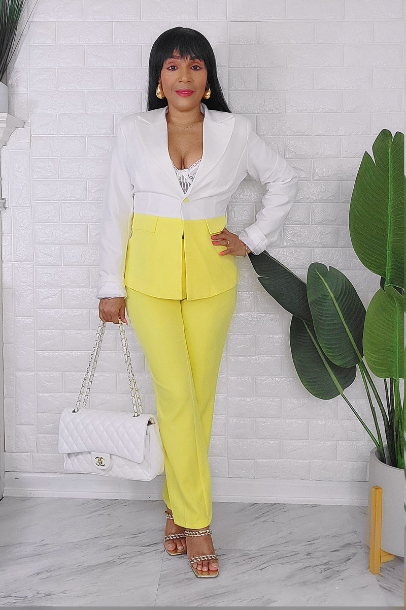 061824 The Yellow White European Angles Length Pant & Blazer set