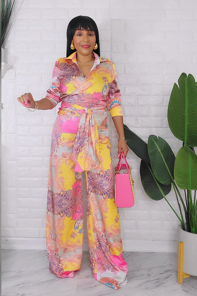 061124  Pink Yellow Wrap Top & High Waist Palazzo Pant