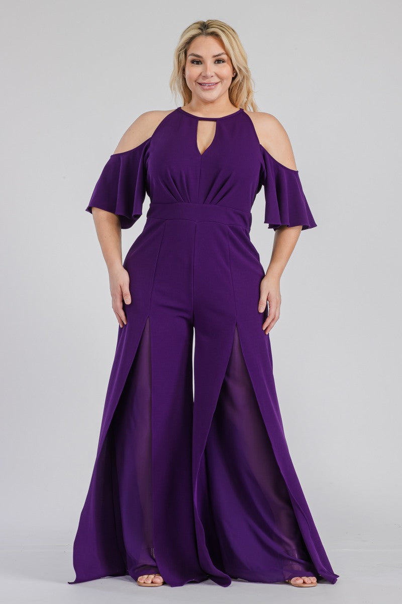 062024 Purple Cold Shoulder chiffon inserted jumpsuit