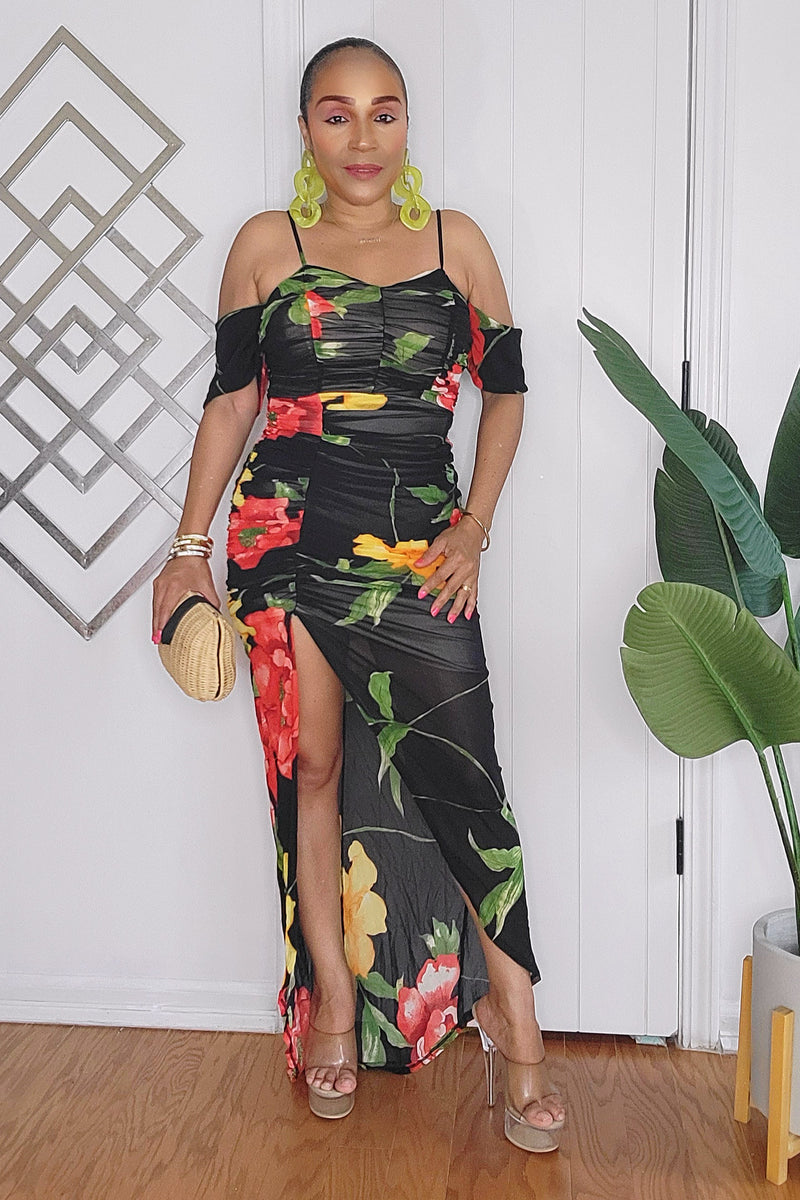 062024 Black Floral Ruched Off Shoulder Dress