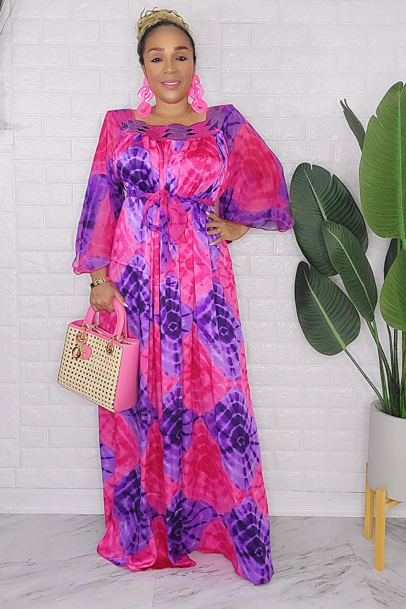 081424 The Fuschia Tie Dye Handmade African  Print Maxi Dress