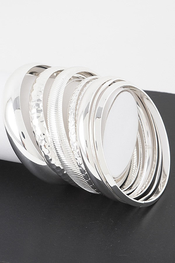 081424 Silver Multi Hammered Bangle Bracelets