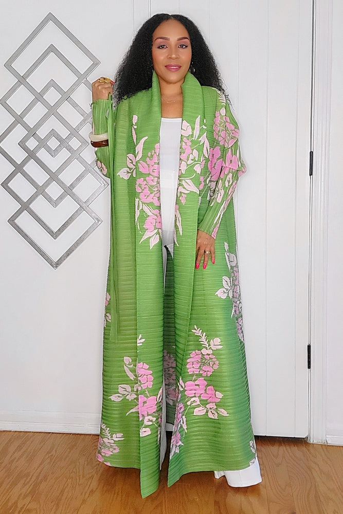 091824 Green Florals Print Long Wrinkle Shawl Collar Belted Coat