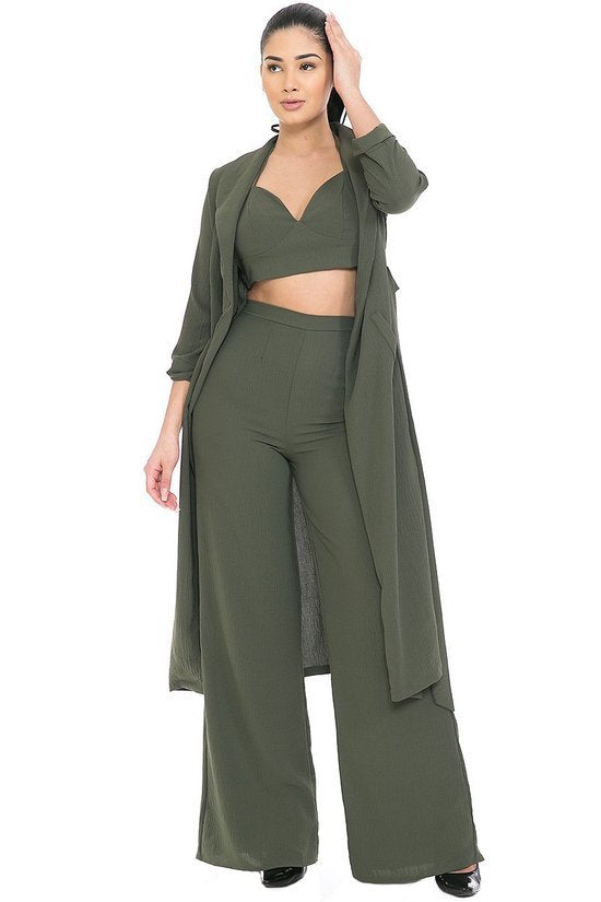 The Olive 3 Pieces Set (Jacket Crop Top  & Pants)