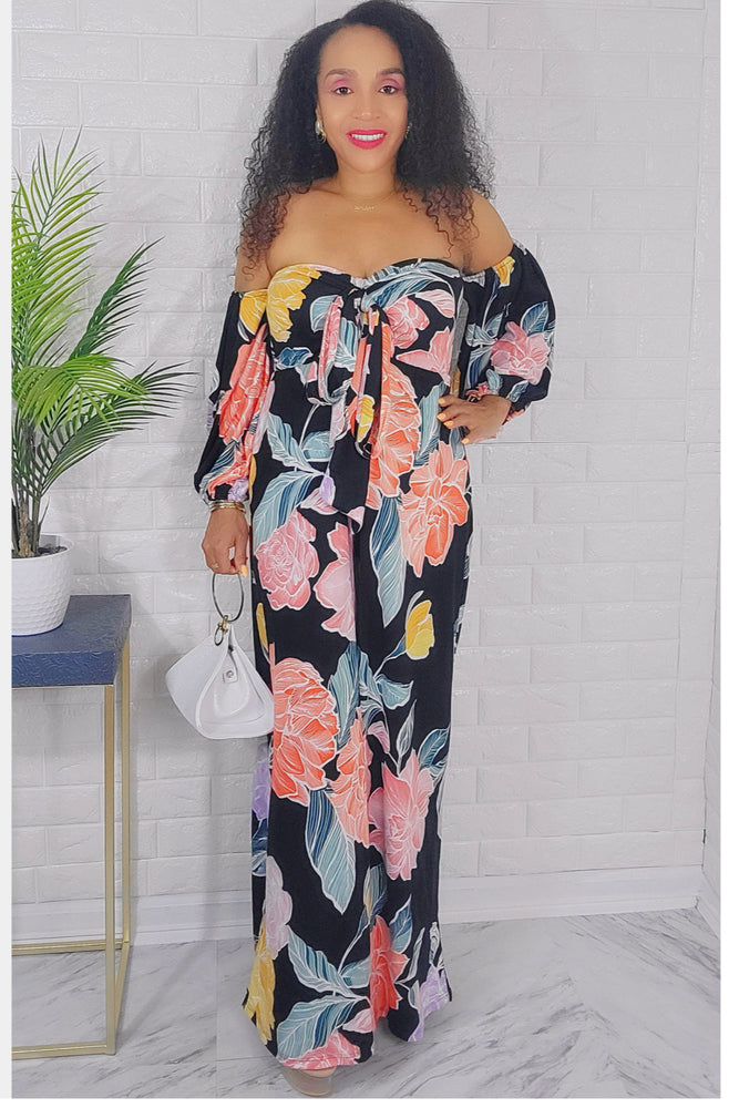 062922 Black/Orange Florals Jumpsuit