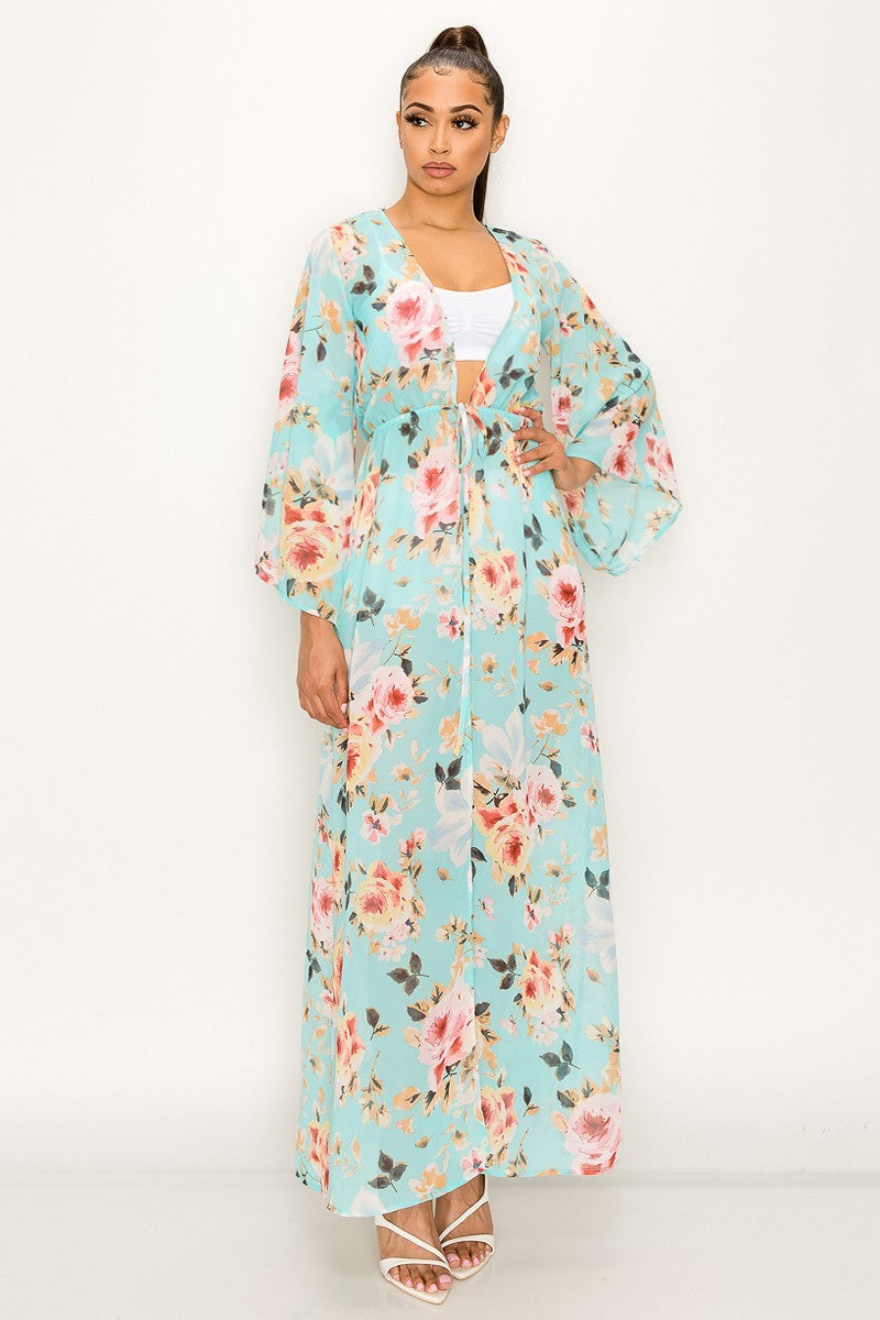 Aqua Floral Print Tie-Front Duster