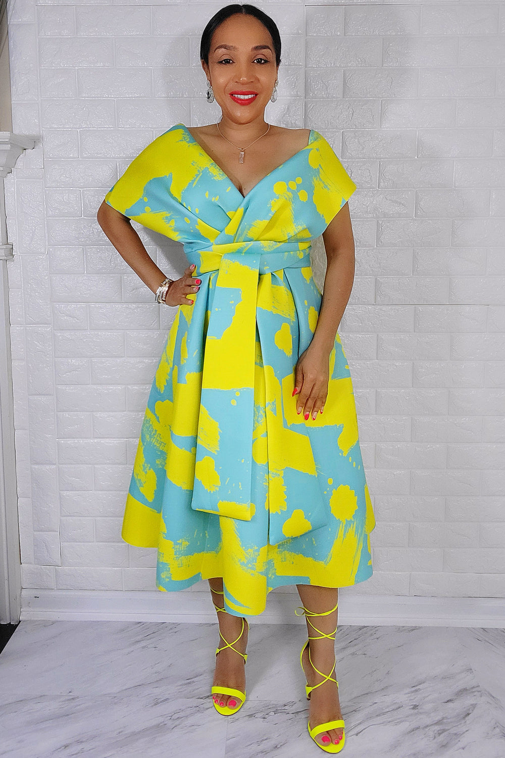 061422 Lady Sonia Neon & Turquoise Print Dress