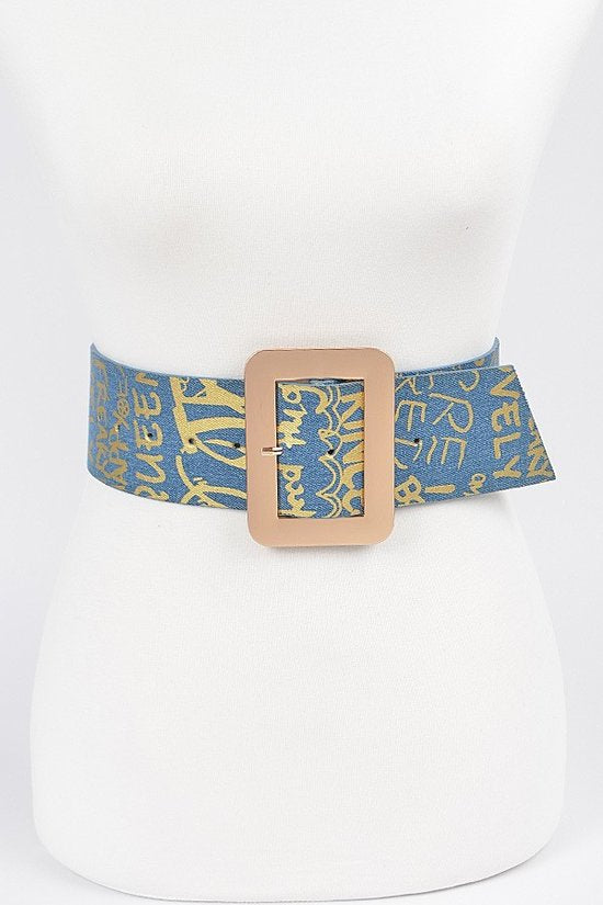 Item 76 Blue Denim Belt w/ Gold Writing (S-L)