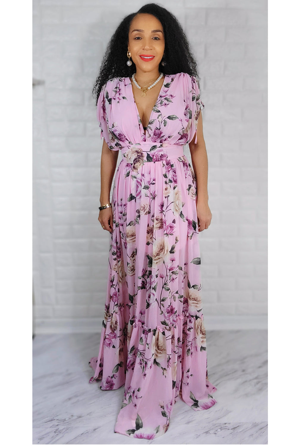 Pink Floral Chiffon Ruched Sleeve Detail V Neck Ruffled Maxi Dress –  UNIK-ELEGANCE